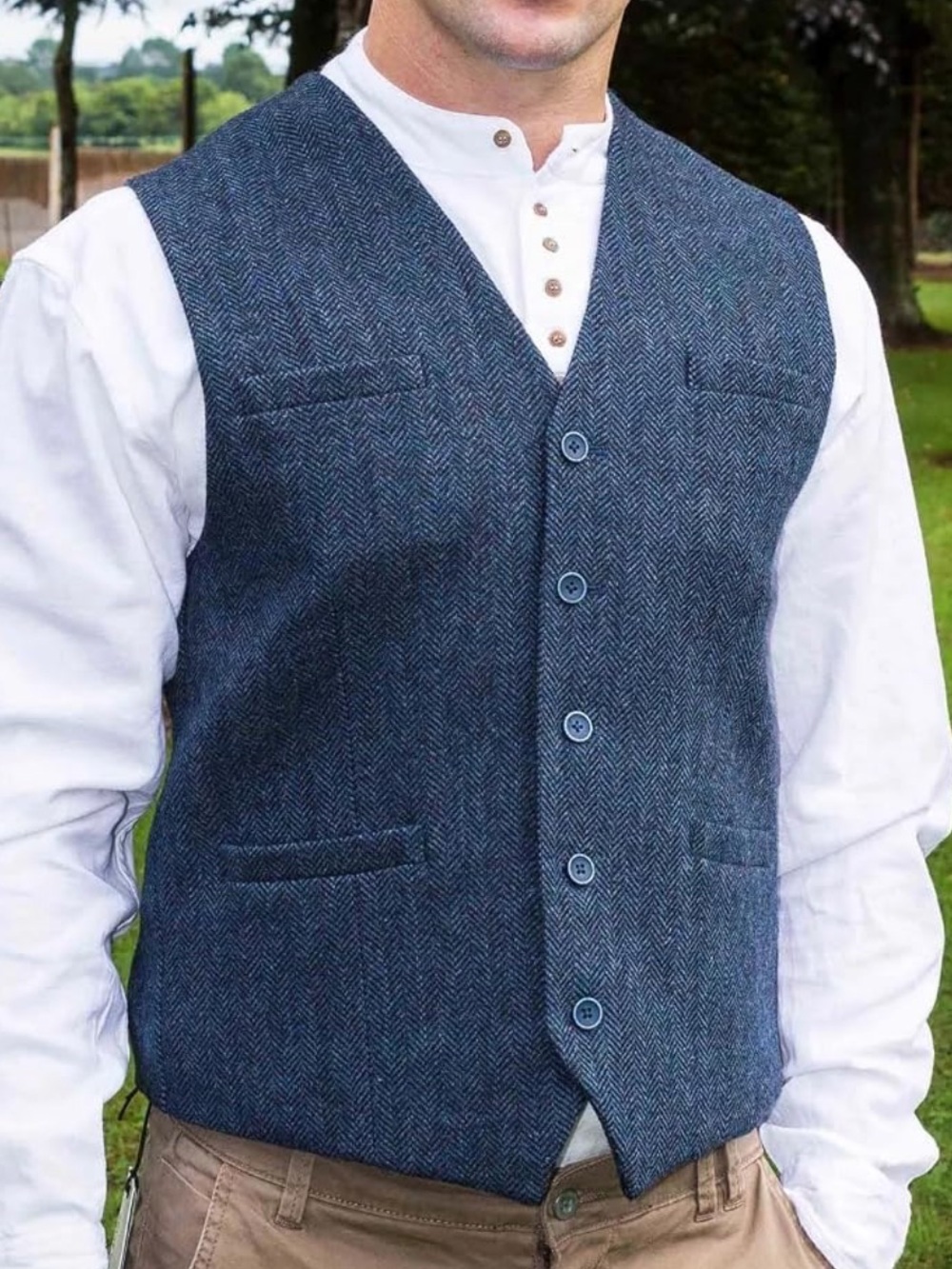 Emerald Isle Wool Blend Herringbone Tweed Vest Navy 5 Button Blue Large Mens 46